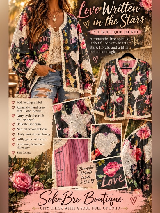 POL Jackets & Blazers - POL Love Written in the Stars | Romantic Boho Floral Heart & Star Jacket